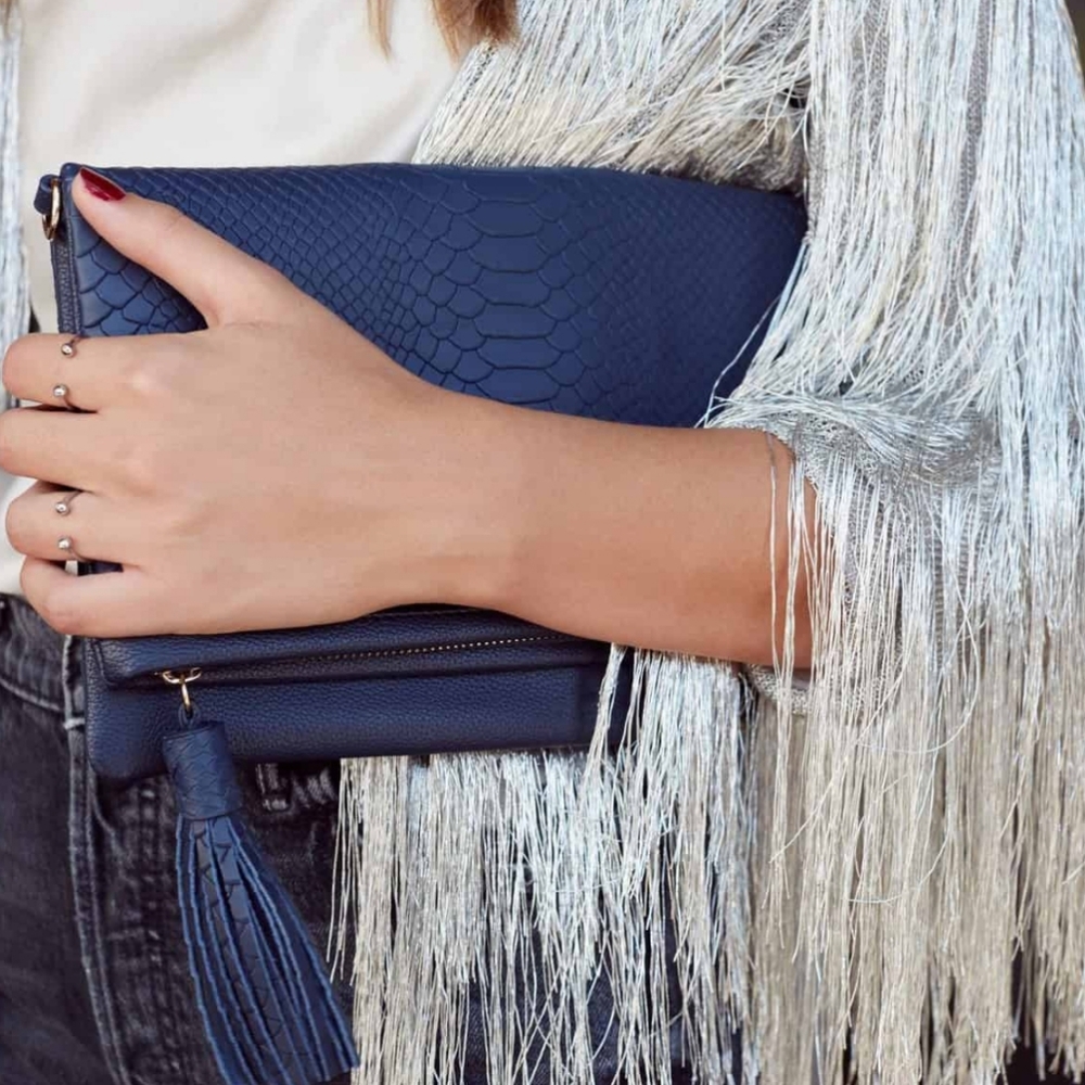 Gigi Navy Faux Snakeskin Convertible Clutch NWT - Picture 2 of 5
